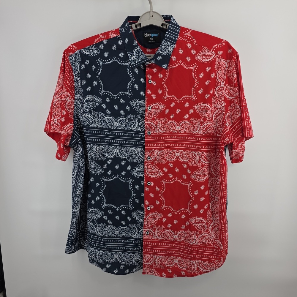 Bluegear Mens 3XL Shirt Red Navy Blue Bandana Paisley Print Button Up